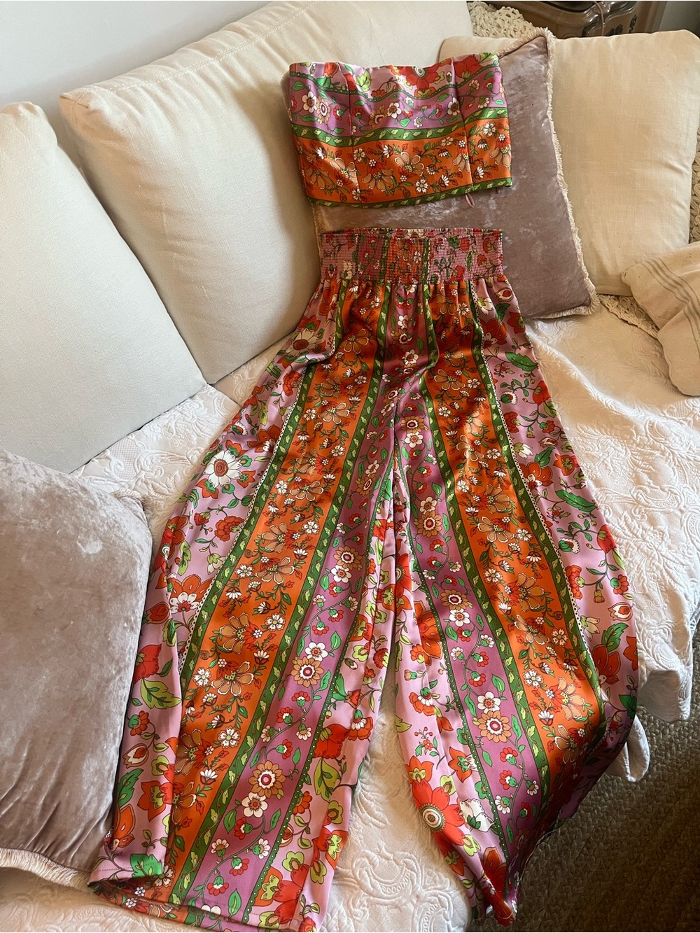 Floral Stripe Wide-Leg Pants with Strapless Top - Orange & Pink & Purple - Picture 1 of 7